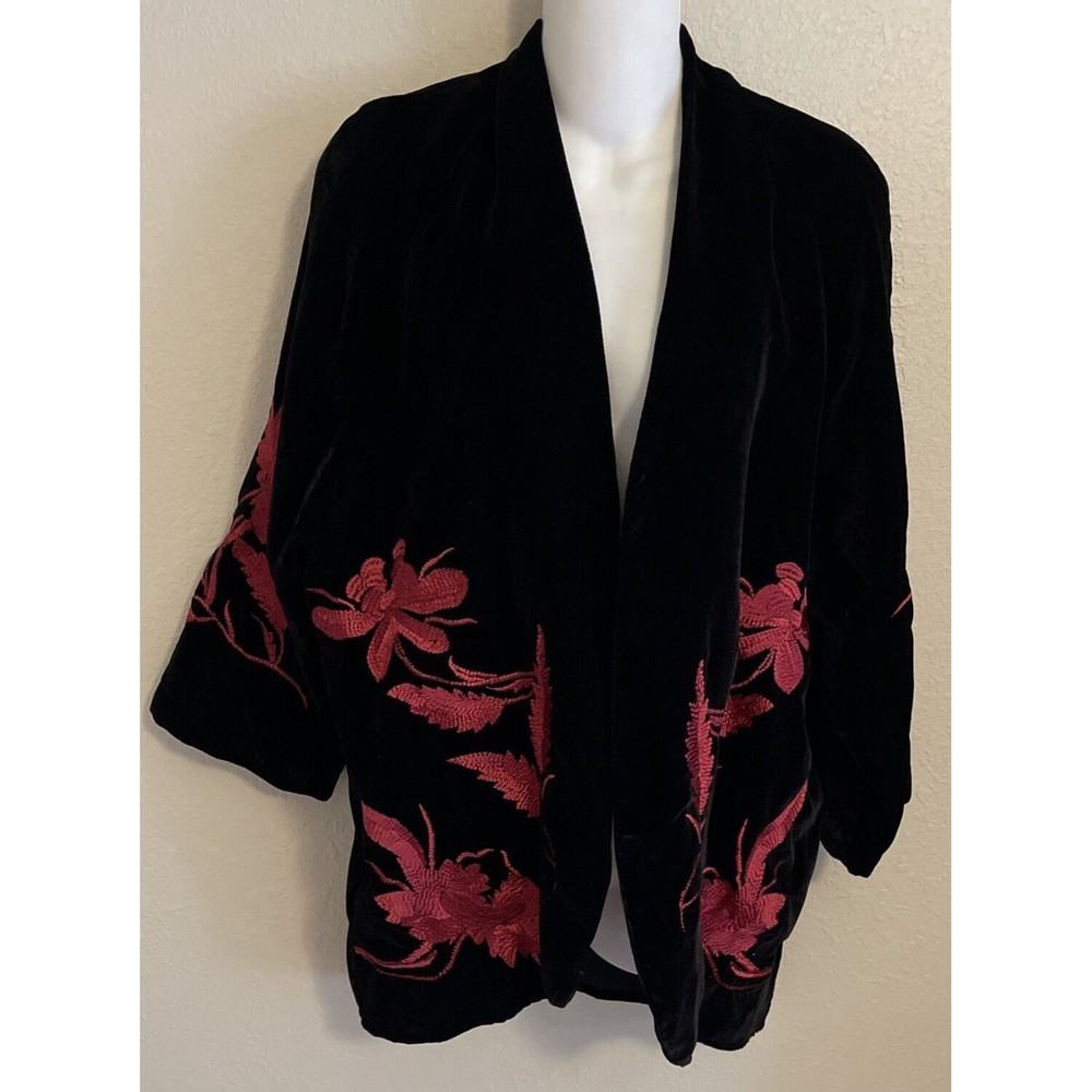 CHICO'S TRAVELERS 0/ Black Velvet Red Floral Embroidery Open Kimono Jacket New